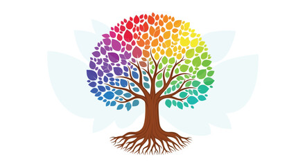 Colorful Tree of Life with Roots and Rainbow Leaves.