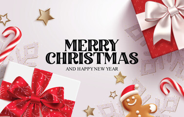 Wall Mural - merry christmas greeting card clipart design. red gift boxes with merry christmas and wishing happy 