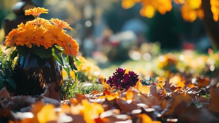 Wall Mural - vase of vibrant flowers amidst fall foliage in sunlit garden