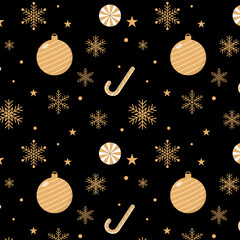 Wall Mural - Christmas ornament seamless pattern.Merry Xmas repeat pattern with Christmas balls, gifts, candy canes and snowflakes.Luxury winter, new year pattern in gold isolated on black background.