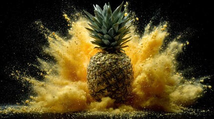 Golden pineapple exploding in a yellow powder explosion
