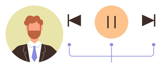 Circular portrait of a man next to media playback buttons including play, rewind, and forward icons connected by a line. Ideal for music, podcasts, user interface, playback, streaming, entertainment