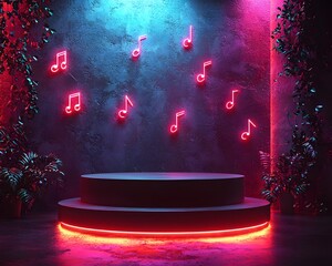 Wall Mural - Vibrant neon music notes illuminate a modern podium against a dark textured wall with striking blue and pink lighting
