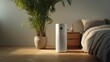 © Generative AI - Air purifier in bedroom setting, indoor air quality, modern home with plant and bed