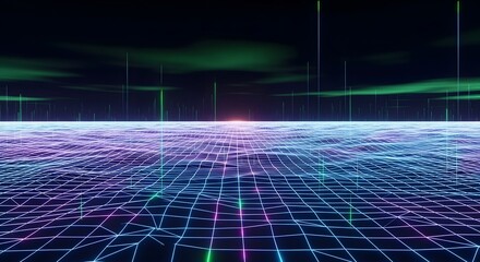 Digital Landscape A Futuristic Visualization of Grid Lines and a Gradient Sky with Green Hues