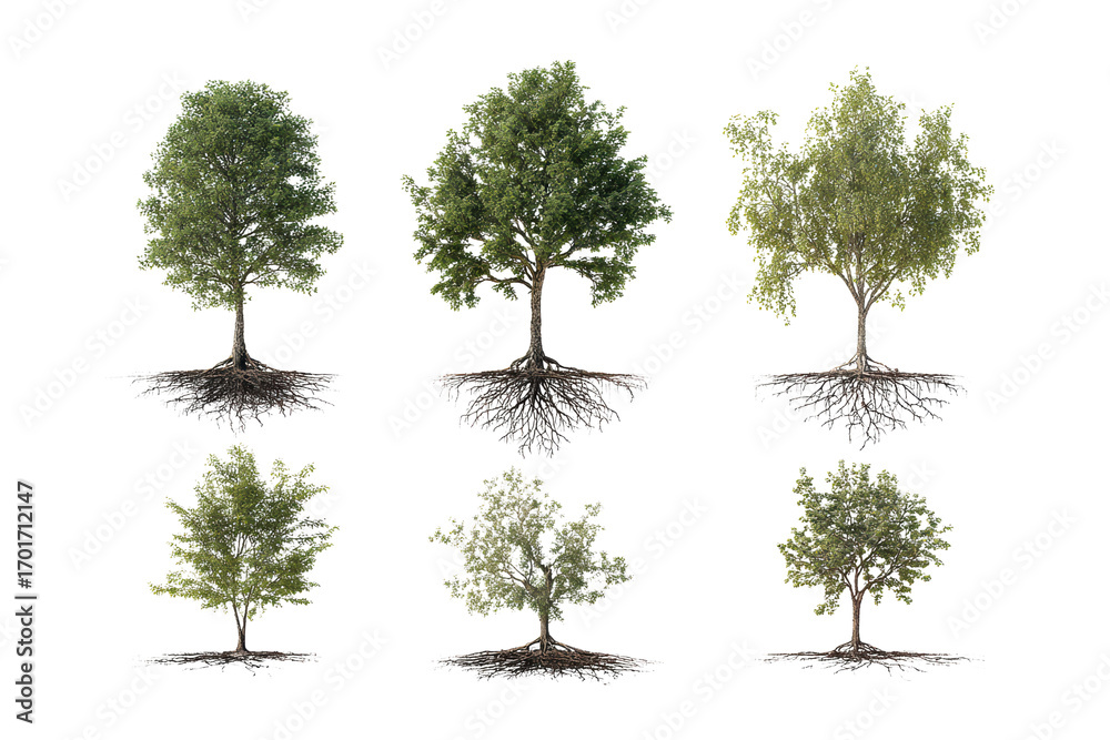 Tree Roots Spread Distance Six different trees with their roots visible. The trees vary in size ...
