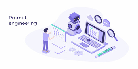 Prompt engineering concept with a person interacting with a digital interface and a robot assistant