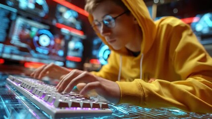 Code Warrior: A focused individual intensely engaged in coding, illuminated by the soft glow of a digital interface, a true embodiment of technology in action.
