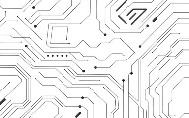 Abstract futuristic circuit board pattern with digital technology elements in a clean white background 
