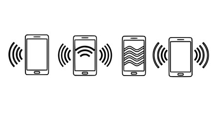 Multiple smartphones displaying connectivity signals and data waves symbolizing mobile technology