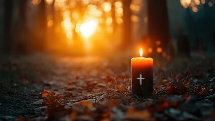 Wall Mural - candle with cross surrounded by autumn leaves at sunset in forest