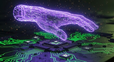 Digital hand reaching toward circuit board representing innovative technology and future advancements