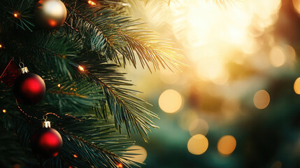 Wall Mural - glowing christmas tree branches adorned with red, gold ornaments and warm string lights against suns