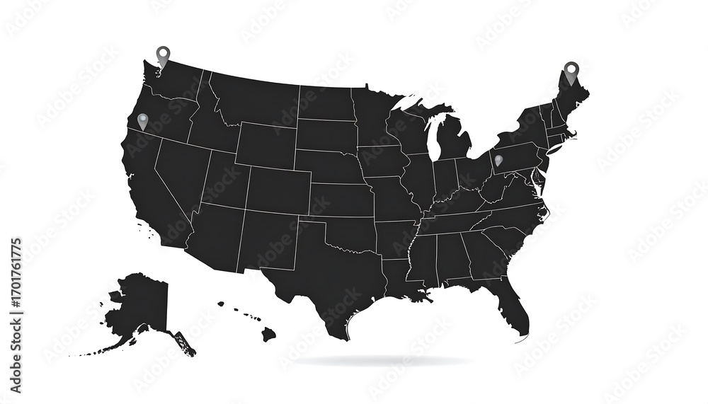 A grayscale map of the United States highlights key locations with ...