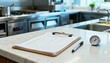 © Generative AI - Commercial Kitchen Inspection Checklist with Thermometer on Marble Countertop in Restaurant