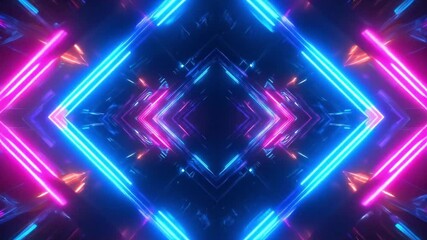 A symmetrical deep perspective tunnel with neon geometric shapes in blue red and pink shades