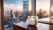 © Sameera - Airpods pro in case on wooden surface with city skyline in background at sunset or sunrise time