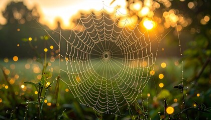 Spiderweb glistening with dew drops intricate pattern golden hour sunlight nature beauty tranquil morning