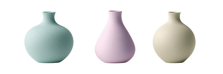 Three ceramic vases in pastel colors arranged in a row isolated on a transparent background