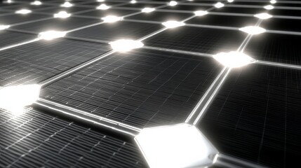 An array of photovoltaic solar panels with reflective surfaces catching sunlight,