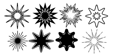 Illustration of eight different starburst shapes in black and white with varying designs and line styles