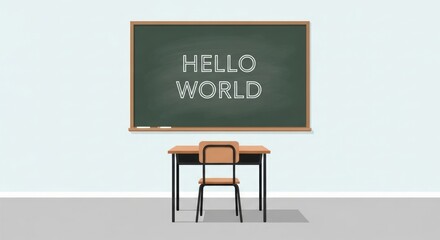 Welcome back to school, learn to code with hello world on a chalkboard
