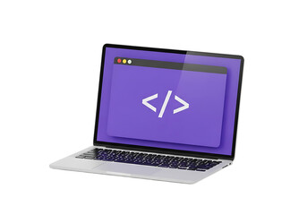 Illustration of laptop displaying code on screen, isolated on transparent background