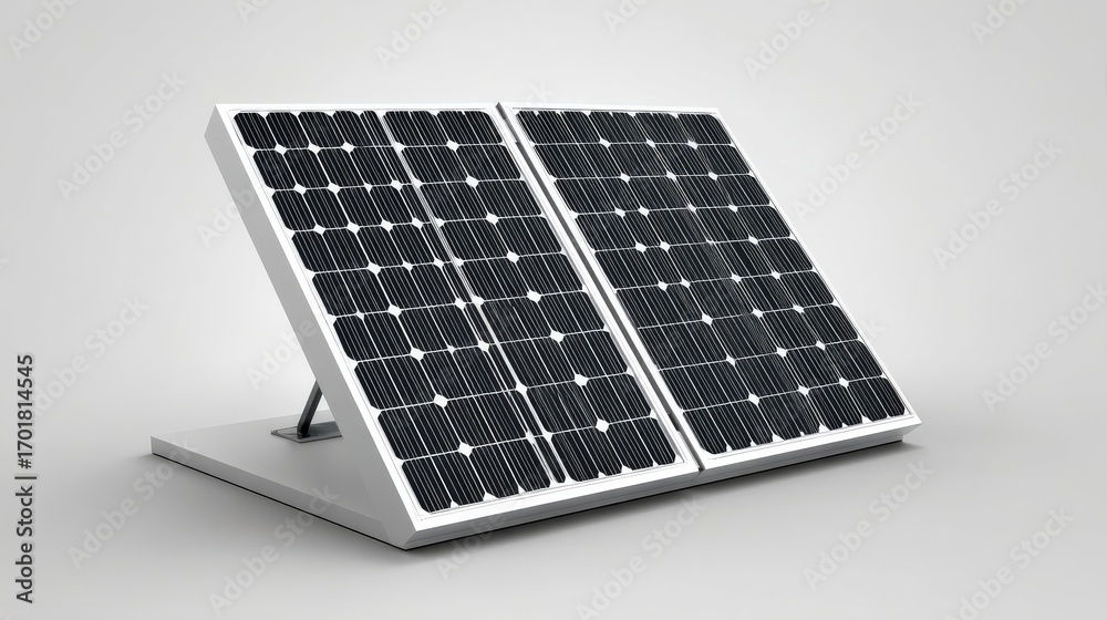 Two rectangular solar panels mounted on an adjustable rack tilt at the ...