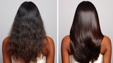 Before and after hair smoothing treatment on woman with long frizzy hair