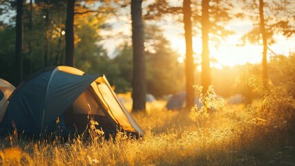 Wall Mural - beautiful sunset at peaceful forest campsite with tents and trees bathed in warm light