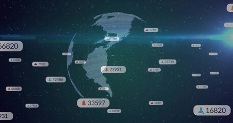Wall Mural - Rotating digital 3D Earth globe hovering in dark data space, with floating numeric tags, lens-flare