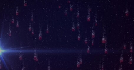 Wall Mural - Binary code streams cascading in space, with blue lens flare, starfield and light streak
