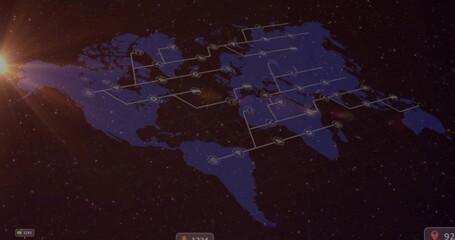 Wall Mural - Floating world map graphic connecting circular nodes in starfield, with lens flare and UI counters