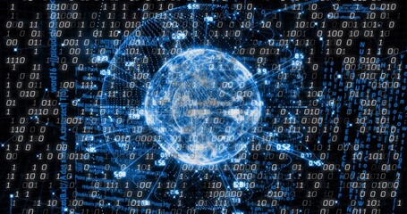 Displaying glowing blue digital globe streaming binary code in virtual network, with network lines
