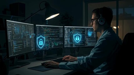 Male programmer coding on multiple screens with security shield icons for cybersecurity footage