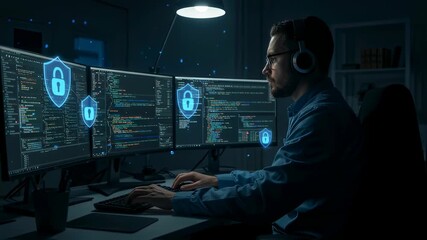 Man working on multiple computer monitors in dark office, coding and cybersecurity concept, animation