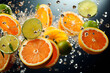 © photosaint - Sliced oranges and limes splash into water creating a refreshing scene in a vibrant setting