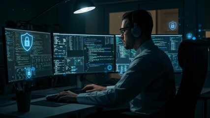 Male programmer or hacker working with multiple computer screens late at night, featuring coding and cyber security lock icons, video