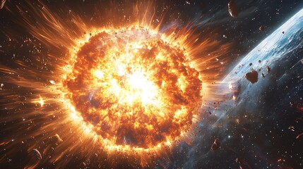 Wall Mural - a cosmic explosion illuminates the vast expanse of space, showcasing a fiery celestial event.
