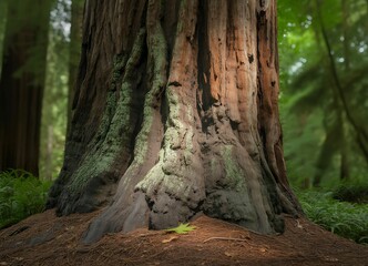 Massive ancient redwood tree trunk with textured bark bathed in dappled sunlight in a lush green forest