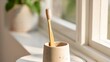 © Dekap - Bamboo toothbrush in ceramic holder near window with natural light and plant view