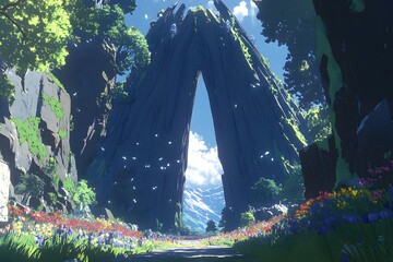 Wall Mural - a vibrant, stylized landscape showcases a majestic archway between towering, textured rock formation