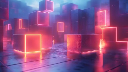Wall Mural - a futuristic scene displays stacked, glowing cubes in vibrant neon shades.