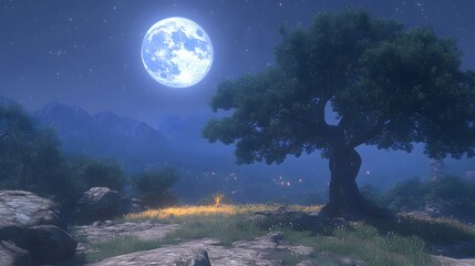 Wall Mural - a serene, moonlit landscape with a towering tree stands sentinel over a tranquil meadow at night.