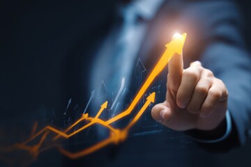 businessman touching a growth arrow on a virtual screen