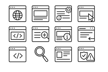 Website and browser line icon set. Thin outline vector symbols for web design, apps, UI, UX. Includes internet, coding, search, settings, and security interface elements.