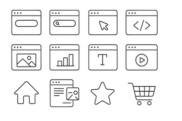 Website UI thin line icon set. Web design outline signs for graphic, app, advert. Vector elements: search, code, gallery, chart, video, home, favorite, ecommerce cart.
