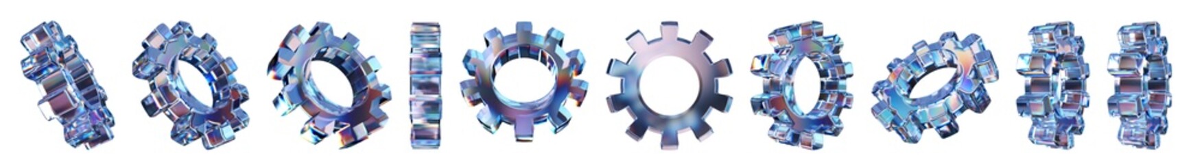 Set of 3d transparent glossy gear with dispersion effect. Rainbow colors reflection glass. 3d glass cog with crystal dispersion effect. Abstract empty glassy cogwheel with prism holographic
