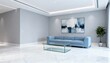© Generative AI - Modern Minimalist Interior with Blue Sofa, Artwork, and Marble Flooring in a Bright, Spacious Setting