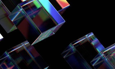 Wall Mural - abstract iridescent glass cubes on a black background, 3d render